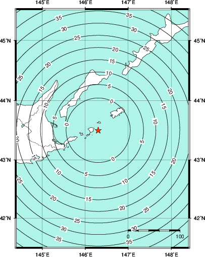 緊急地震速報第1報提供から主要動到達までの時間及び推計震度分布図