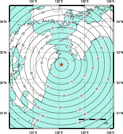 緊急地震速報第1報提供から主要動到達までの時間及び推計震度分布図