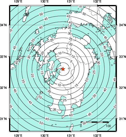緊急地震速報第1報提供から主要動到達までの時間及び推計震度分布図