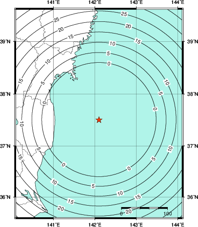 緊急地震速報第1報提供から主要動到達までの時間及び推計震度分布図