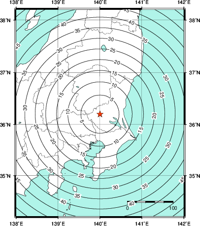 緊急地震速報第1報提供から主要動到達までの時間及び推計震度分布図
