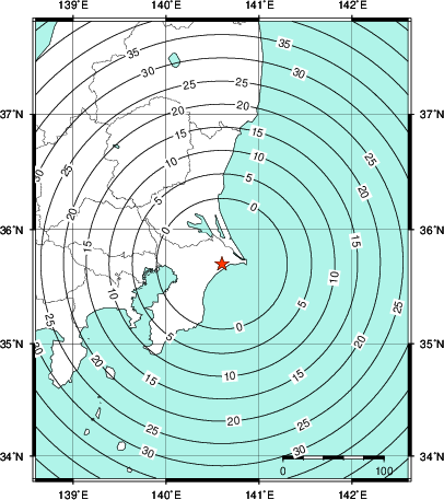 緊急地震速報第1報提供から主要動到達までの時間及び推計震度分布図