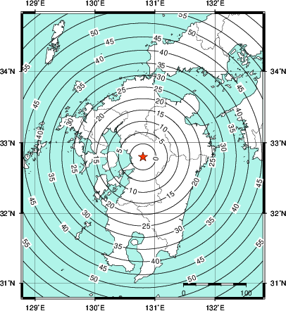 緊急地震速報第1報提供から主要動到達までの時間及び推計震度分布図