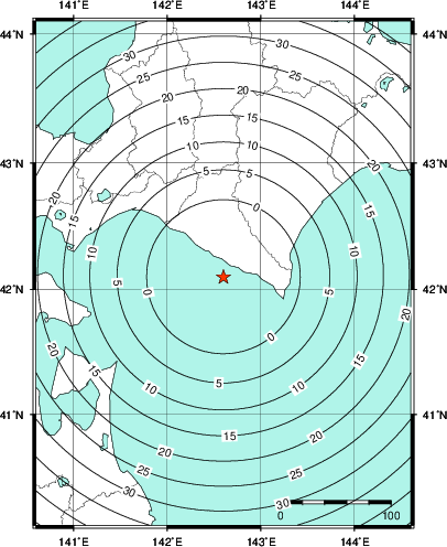 緊急地震速報第1報提供から主要動到達までの時間及び推計震度分布図