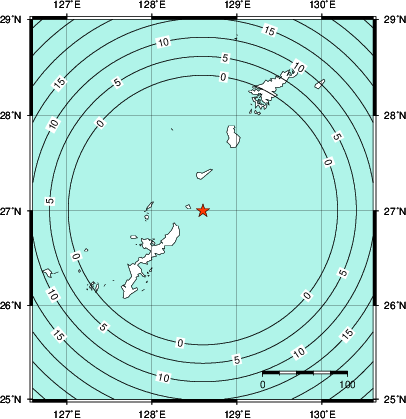 緊急地震速報第1報提供から主要動到達までの時間及び推計震度分布図