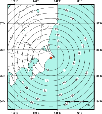 緊急地震速報第1報提供から主要動到達までの時間及び推計震度分布図