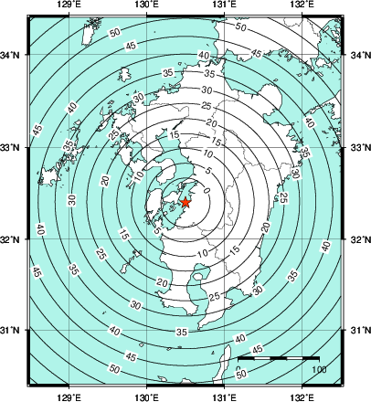 緊急地震速報第1報提供から主要動到達までの時間及び推計震度分布図