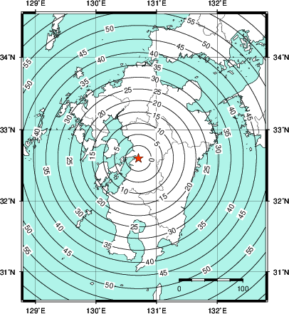 緊急地震速報第1報提供から主要動到達までの時間及び推計震度分布図