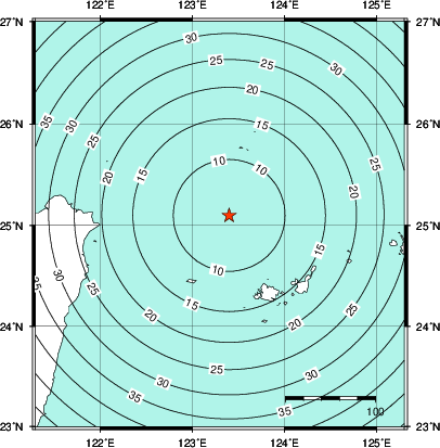 緊急地震速報第1報提供から主要動到達までの時間及び推計震度分布図