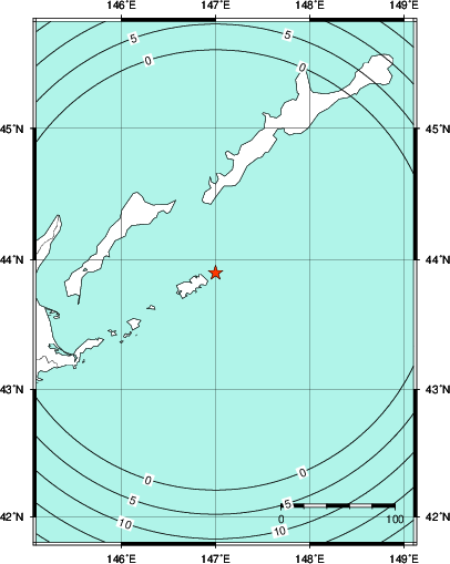 緊急地震速報第1報提供から主要動到達までの時間及び推計震度分布図