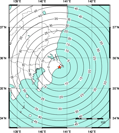 緊急地震速報第1報提供から主要動到達までの時間及び推計震度分布図