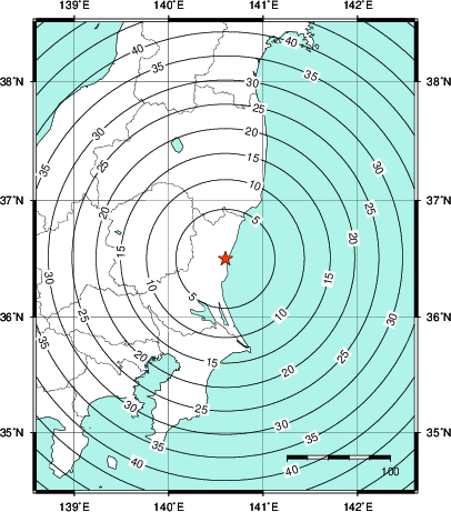 緊急地震速報第1報提供から主要動到達までの時間及び推計震度分布図