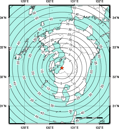 緊急地震速報第1報提供から主要動到達までの時間及び推計震度分布図