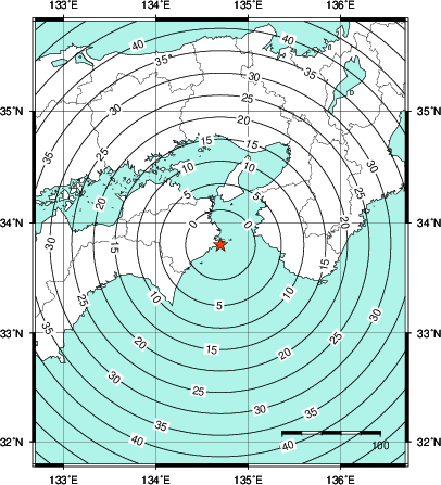緊急地震速報第1報提供から主要動到達までの時間及び推計震度分布図