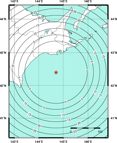 緊急地震速報第1報提供から主要動到達までの時間及び推計震度分布図