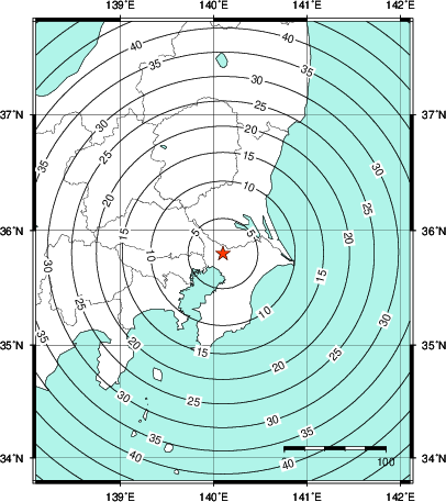 緊急地震速報第1報提供から主要動到達までの時間及び推計震度分布図
