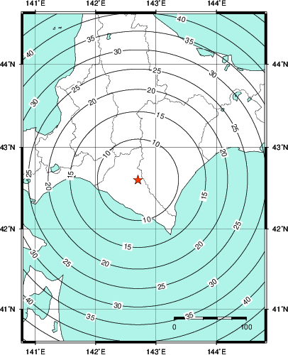 緊急地震速報第1報提供から主要動到達までの時間及び推計震度分布図