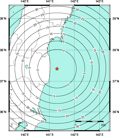 緊急地震速報第1報提供から主要動到達までの時間及び推計震度分布図
