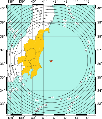 緊急地震速報(警報)を発表した地域及び主要動到達までの時間