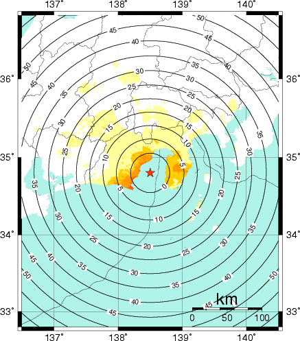 緊急地震速報第1報提供から主要動到達までの時間及び推計震度分布図