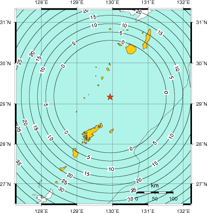 緊急地震速報(警報)第1報を発表した地域及び主要動到達までの時間