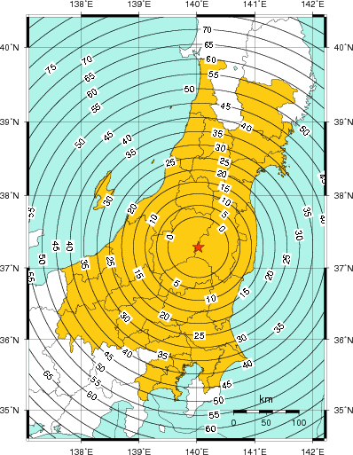 緊急地震速報(警報)第1報を発表した地域及び主要動到達までの時間