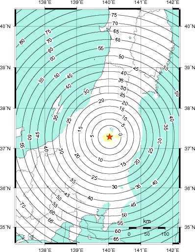 緊急地震速報第1報提供から主要動到達までの時間及び推計震度分布図