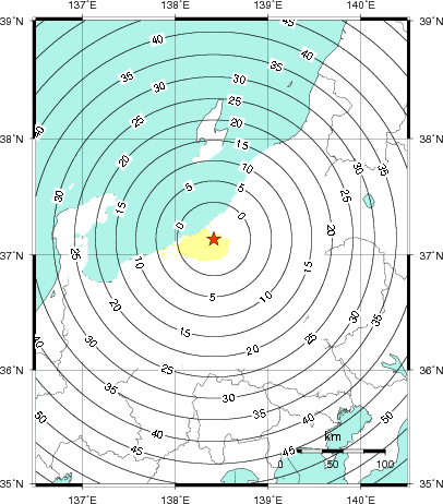 緊急地震速報第1報提供から主要動到達までの時間及び推計震度分布図