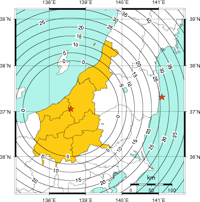 緊急地震速報(警報)第1報を発表した地域及び主要動到達までの時間