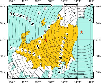 緊急地震速報(警報)第1報を発表した地域及び主要動到達までの時間