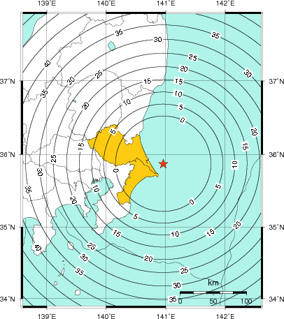 緊急地震速報(警報)第1報を発表した地域及び主要動到達までの時間