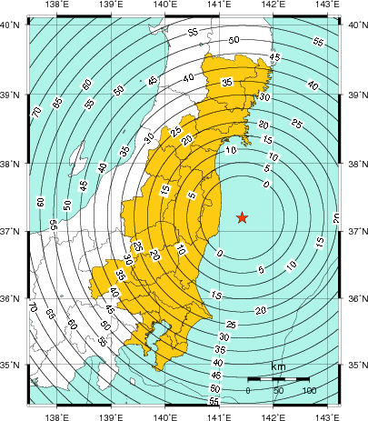 緊急地震速報(警報)第1報を発表した地域及び主要動到達までの時間
