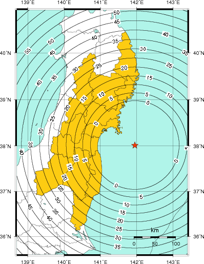 緊急地震速報(警報)第1報を発表した地域及び主要動到達までの時間