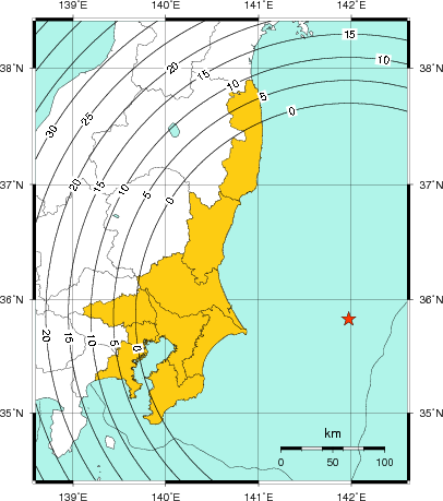 緊急地震速報(警報)第1報を発表した地域及び主要動到達までの時間