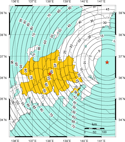 緊急地震速報(警報)第1報を発表した地域及び主要動到達までの時間