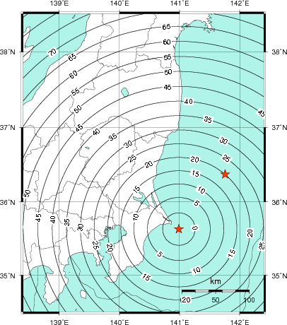 緊急地震速報第1報提供から主要動到達までの時間及び推計震度分布図