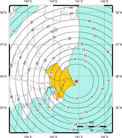 緊急地震速報(警報)第1報を発表した地域及び主要動到達までの時間