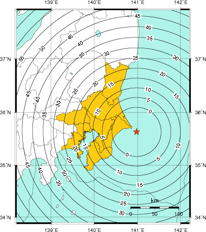 緊急地震速報(警報)第1報を発表した地域及び主要動到達までの時間