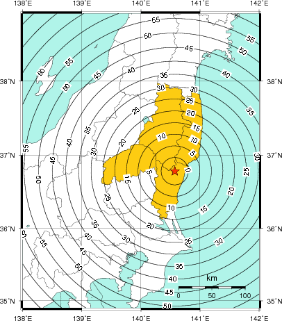 緊急地震速報(警報)第1報を発表した地域及び主要動到達までの時間