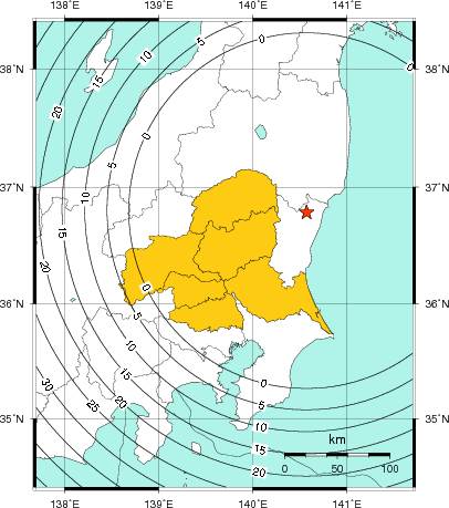 緊急地震速報(警報)第1報を発表した地域及び主要動到達までの時間