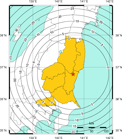 緊急地震速報(警報)第1報を発表した地域及び主要動到達までの時間
