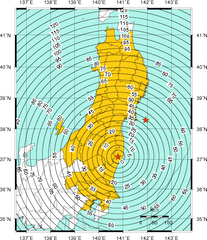 緊急地震速報(警報)第1報を発表した地域及び主要動到達までの時間