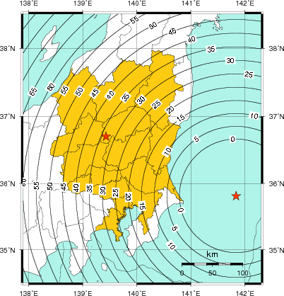 緊急地震速報(警報)第1報を発表した地域及び主要動到達までの時間