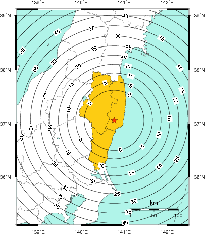 緊急地震速報(警報)第1報を発表した地域及び主要動到達までの時間