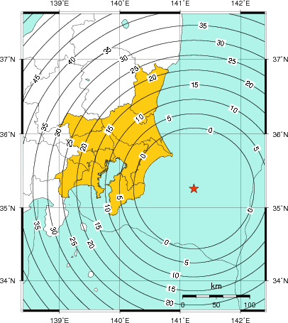 緊急地震速報(警報)第1報を発表した地域及び主要動到達までの時間