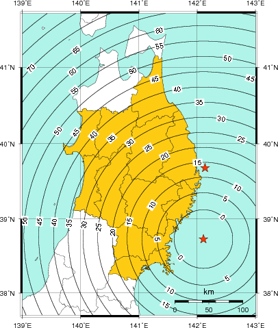 緊急地震速報(警報)第1報を発表した地域及び主要動到達までの時間