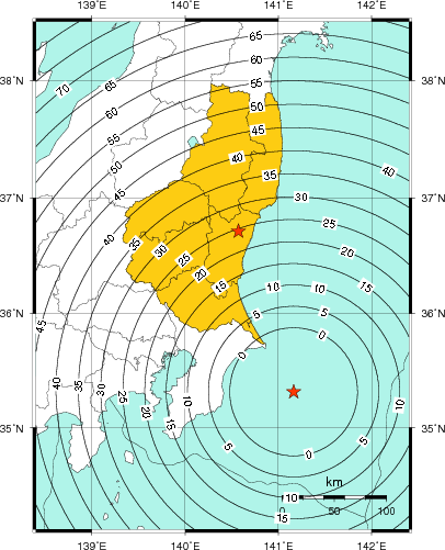 緊急地震速報(警報)第1報を発表した地域及び主要動到達までの時間