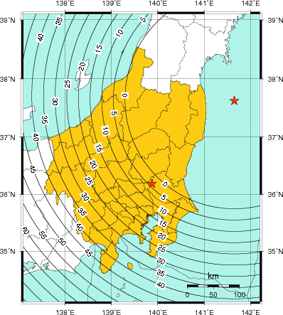 緊急地震速報(警報)第1報を発表した地域及び主要動到達までの時間