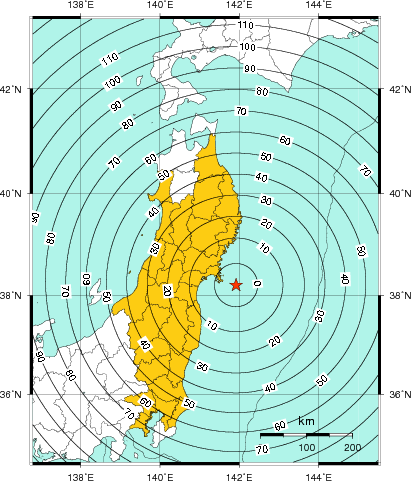 緊急地震速報(警報)第1報を発表した地域及び主要動到達までの時間