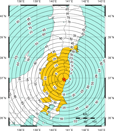 緊急地震速報(警報)第1報を発表した地域及び主要動到達までの時間